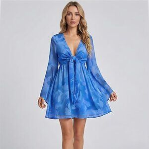 Boho Chiffon Tie Front Summer Dress Blue